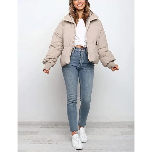 Women Cropped Puffer Jacket Coat Short Warm Quilted Outerwear with Pocket Beige - Picture 6 of 7